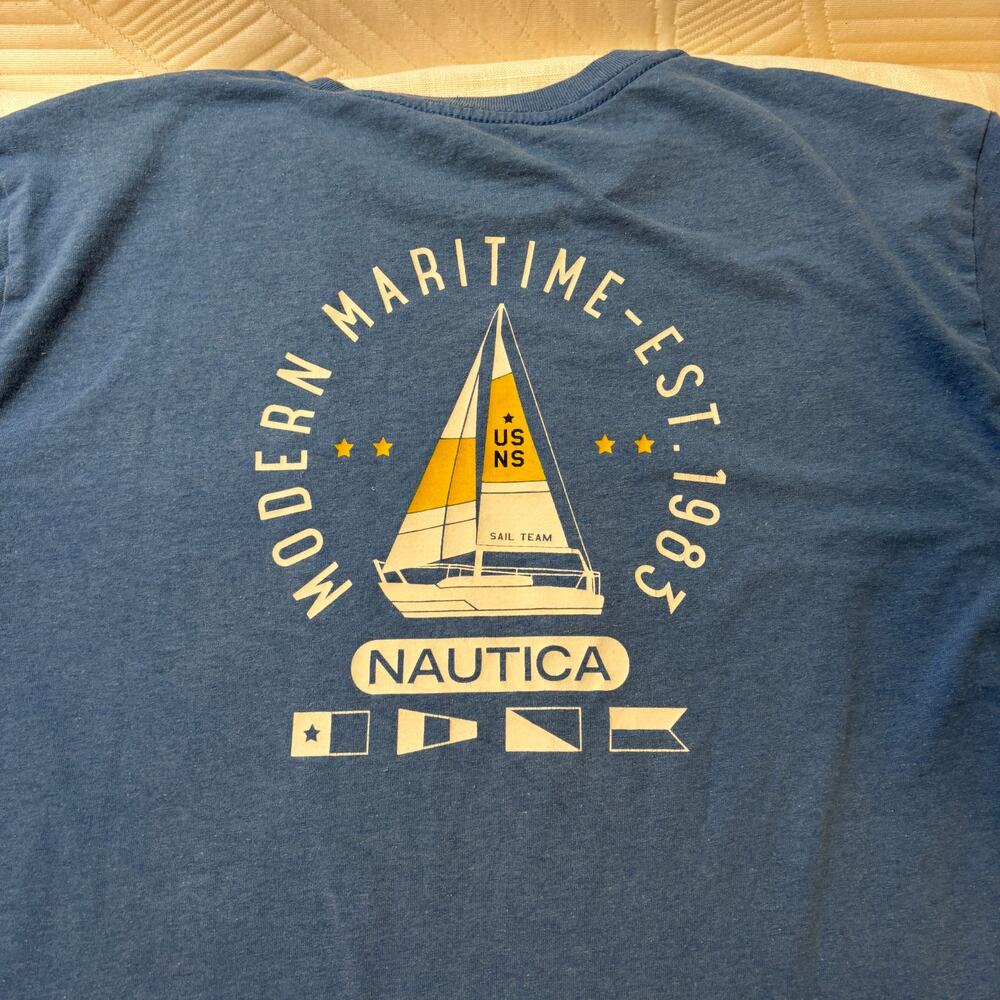 Nautica Mens L Long Sleeve T Shirt Blue Sailboat Maritime Graphic Sailing Logo